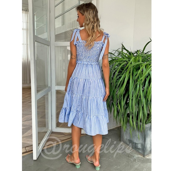 Striped Blue White Midi Dress Tie Straps Shirred Ruffle Detail - Picture 3 of 16